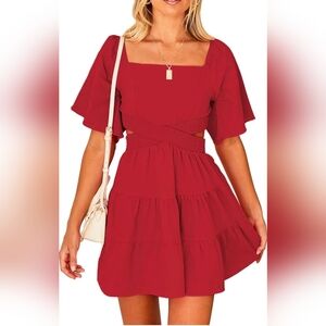 Red Square-Neck Mini Dress with Flutter Sleeves